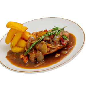 Baked pork neck with smoked bacon, aromatic sauce and garlic potatoes