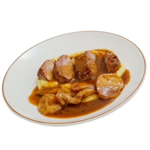 Pork knuckle with wild mushroom sauce and mashed potato mousse